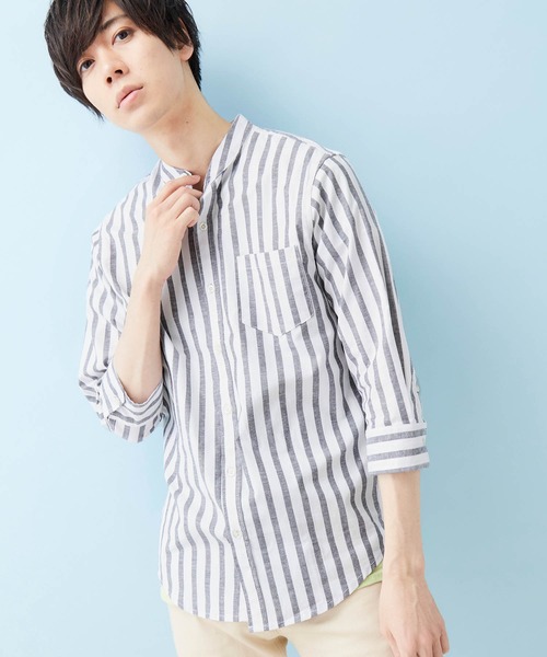 MONO-MART(モノマート)の「7分袖 バンドカラー ストレッチリネンシャツ/ナチュラル綿麻素材(シャツ/ブラウス・メンズ・ブラック/ネイビー/オフホワイト/ホワイト系その他/グレー系その他/グリーン系その他/ブルー系その他/ライトピンク/レッド系その他/ホワイト系その他2/ホワイト系その他3/ホワイト系その他4/ブルー系その他2/ブルー系その他3/グリーン系その他2/ブラウン/ベージュ・S/M/L/XL)」の6枚目の写真