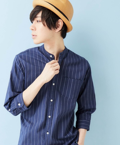 MONO-MART(モノマート)の「7分袖 バンドカラー ストレッチリネンシャツ/ナチュラル綿麻素材(シャツ/ブラウス・メンズ・ブラック/ネイビー/オフホワイト/ホワイト系その他/グレー系その他/グリーン系その他/ブルー系その他/ライトピンク/レッド系その他/ホワイト系その他2/ホワイト系その他3/ホワイト系その他4/ブルー系その他2/ブルー系その他3/グリーン系その他2/ブラウン/ベージュ・S/M/L/XL)」の16枚目の写真