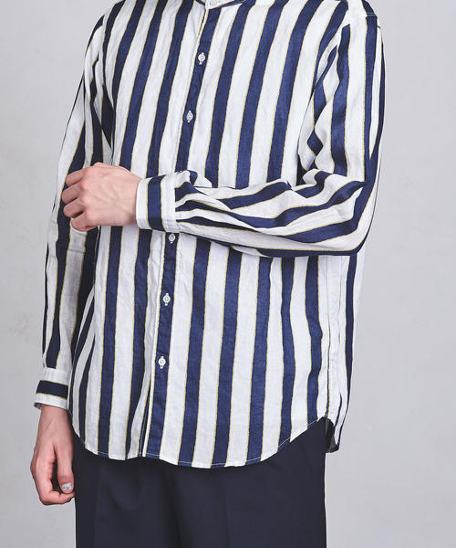UNITED ARROWS（ユナイテッドアローズ）の「UASB リネン プリントストライプ バンドカラー ◆（シャツ/ブラウス・メンズ・ネイビー・X-LARGE/LARGE/MEDIUM/SMALL）」の7枚目の写真