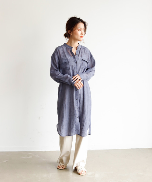 Auntie Rosa Holiday（アンティローザホリデー）の「シアーガーゼバンドカラーポケットシャツワンピ（チュニック・レディース・ナチュラル/ネイビー/カーキ/ブルー・FREE）」の19枚目の写真