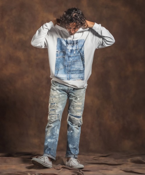 Jih Nunc(ジーヌンク)の「mpa2398-プリントプルパーカー -Logo×Denim-(パーカー・メンズ・グレー/ホワイト・M/L)」の6枚目の写真