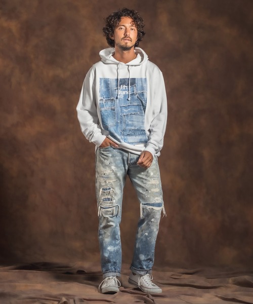 Jih Nunc(ジーヌンク)の「mpa2398-プリントプルパーカー -Logo×Denim-(パーカー・メンズ・グレー/ホワイト・M/L)」の10枚目の写真