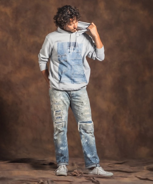 Jih Nunc(ジーヌンク)の「mpa2398-プリントプルパーカー -Logo×Denim-(パーカー・メンズ・グレー/ホワイト・M/L)」の4枚目の写真