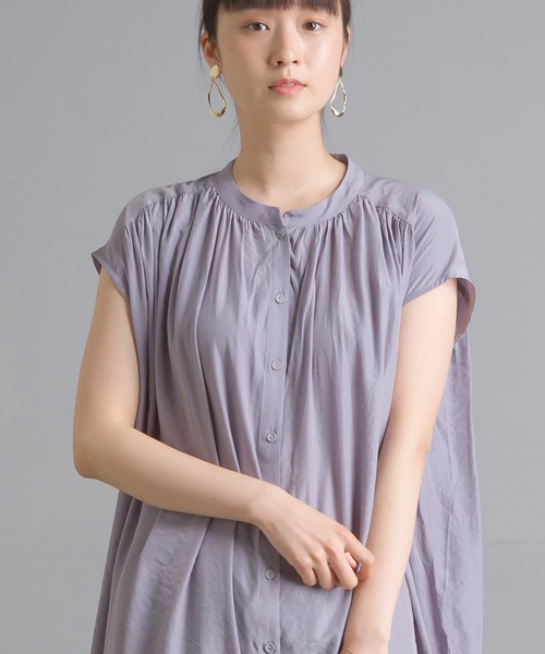 OMNES Another Edition（オムネス アナザーエディション）の「気流染めシルクタッチ バンドカラーギャザーフレンチスリーブシャツワンピース（ワンピース・レディース・アイボリー/ブラック/ラベンダー/イエロー・FREE）」の18枚目の写真