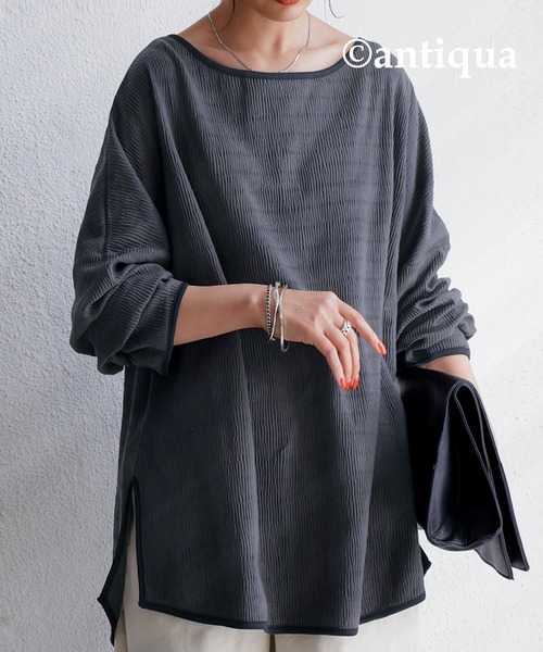 antiqua(アンティカ)の「「思わず目を惹く♪」楊柳パイピングプルオーバー(Tシャツ/カットソー・レディース・ブラック/アイボリー・FREE)」の2枚目の写真