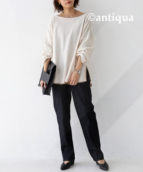 antiqua(アンティカ)の「「思わず目を惹く♪」楊柳パイピングプルオーバー(Tシャツ/カットソー・レディース・ブラック/アイボリー・FREE)」の9枚目の写真