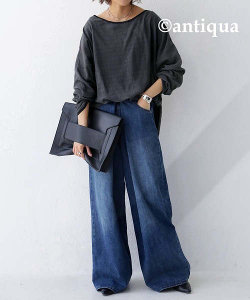 antiqua(アンティカ)の「「思わず目を惹く♪」楊柳パイピングプルオーバー(Tシャツ/カットソー・レディース・ブラック/アイボリー・FREE)」の6枚目の写真