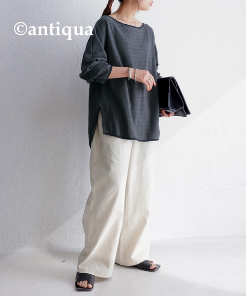 antiqua(アンティカ)の「「思わず目を惹く♪」楊柳パイピングプルオーバー(Tシャツ/カットソー・レディース・ブラック/アイボリー・FREE)」の14枚目の写真