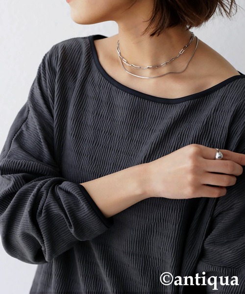 antiqua(アンティカ)の「「思わず目を惹く♪」楊柳パイピングプルオーバー(Tシャツ/カットソー・レディース・ブラック/アイボリー・FREE)」の3枚目の写真