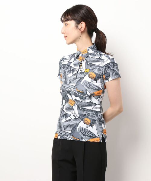 Loudmouth(ラウドマウス)の「LOUDMOUTH/ラウドマウス ゴルフウェア 総柄 吸汗速乾 UVカット ボタンダウン 半袖 ポロシャツ(ポロシャツ・レディース・レインボー/ブラック系その他/ブルー系その他/オレンジ系その他/ブラック×ホワイト/グレー系その他/レッド系その他/ホワイト系その他・LL/M/S/L)」の5枚目の写真