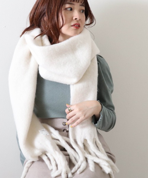Cheek（チーク）の「大判フリンジマフラー（マフラー・レディース・ベージュ/ブルー/アイボリー/コーラルピンク・MEDIUM）」の12枚目の写真
