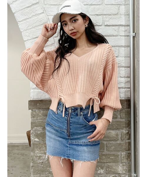 GYDA（ジェイダ）の「Vネックリリーヤーンケーブルデザインニットトップス（ニット/セーター・レディース・オフホワイト/シャーベット/ミント・FREE）」の3枚目の写真