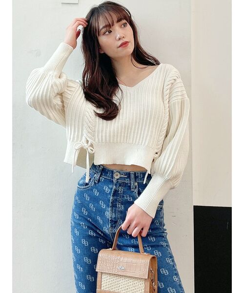 GYDA（ジェイダ）の「Vネックリリーヤーンケーブルデザインニットトップス（ニット/セーター・レディース・オフホワイト/シャーベット/ミント・FREE）」の8枚目の写真