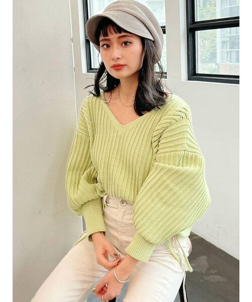 GYDA（ジェイダ）の「Vネックリリーヤーンケーブルデザインニットトップス（ニット/セーター・レディース・オフホワイト/シャーベット/ミント・FREE）」の10枚目の写真