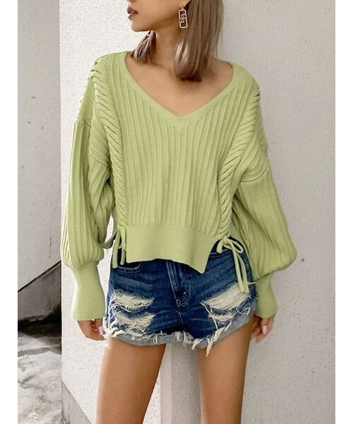 GYDA（ジェイダ）の「Vネックリリーヤーンケーブルデザインニットトップス（ニット/セーター・レディース・オフホワイト/シャーベット/ミント・FREE）」の22枚目の写真