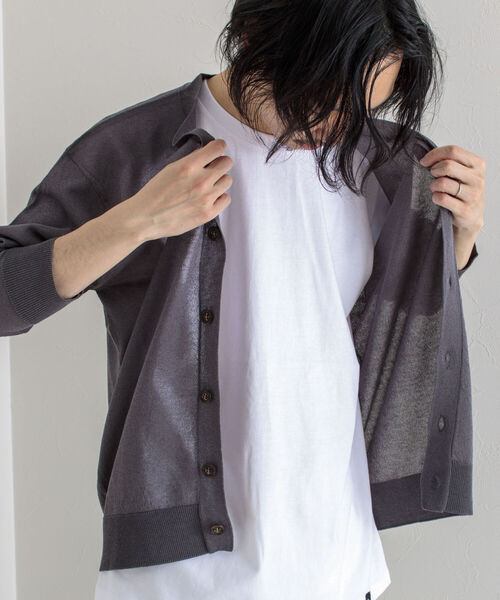 GLOSTER（グロスター）の「【GLOSTER/グロスター】サマーニットカーディガン（カーディガン/ボレロ・メンズ・チャコールグレー/グリーン/キナリ・MEDIUM/LARGE）」の3枚目の写真