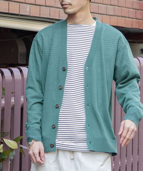 GLOSTER（グロスター）の「【GLOSTER/グロスター】サマーニットカーディガン（カーディガン/ボレロ・メンズ・チャコールグレー/グリーン/キナリ・MEDIUM/LARGE）」の4枚目の写真