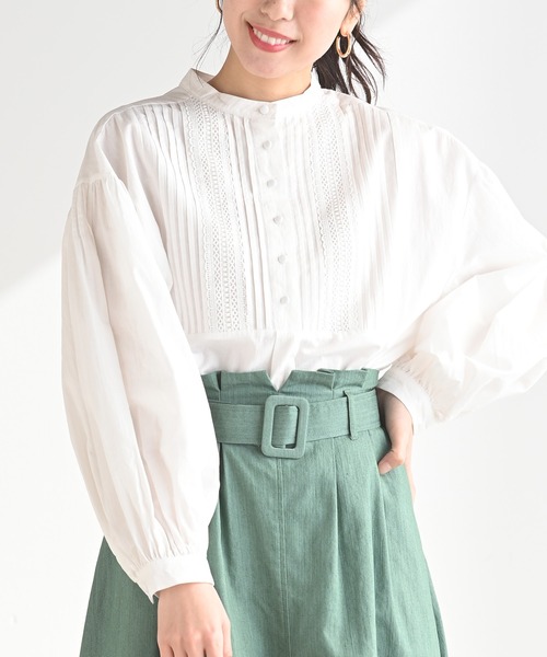 ピンタックレースバンドカラーブラウス