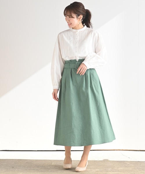 ピンタックレースバンドカラーブラウス