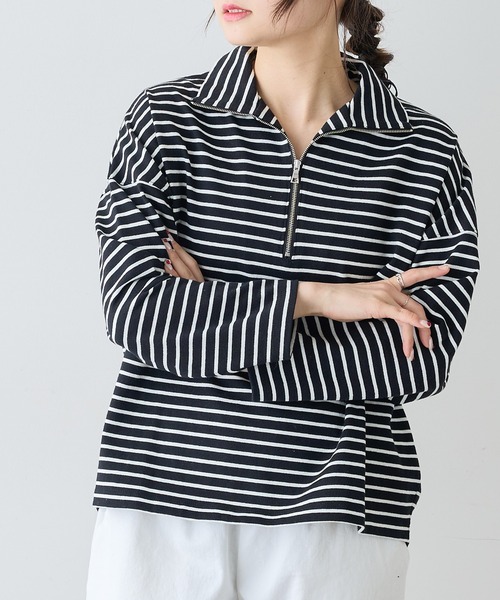PUAL CE CIN（ピュアルセシン）の「ボーダーハーフジッププルオーバー（Tシャツ/カットソー・レディース・ホワイト×ブルー/ホワイト×ブラック/ブラック×ホワイト・FREE）」の2枚目の写真
