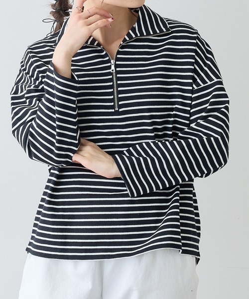 ボーダーハーフジッププルオーバー（Tシャツ/カットソー）｜PUAL CE