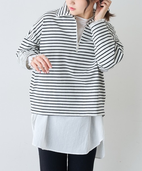 ボーダーハーフジッププルオーバー（Tシャツ/カットソー）｜PUAL CE