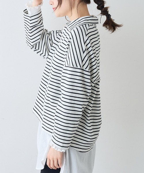 PUAL CE CIN（ピュアルセシン）の「ボーダーハーフジッププルオーバー（Tシャツ/カットソー・レディース・ホワイト×ブルー/ホワイト×ブラック/ブラック×ホワイト・FREE）」の9枚目の写真