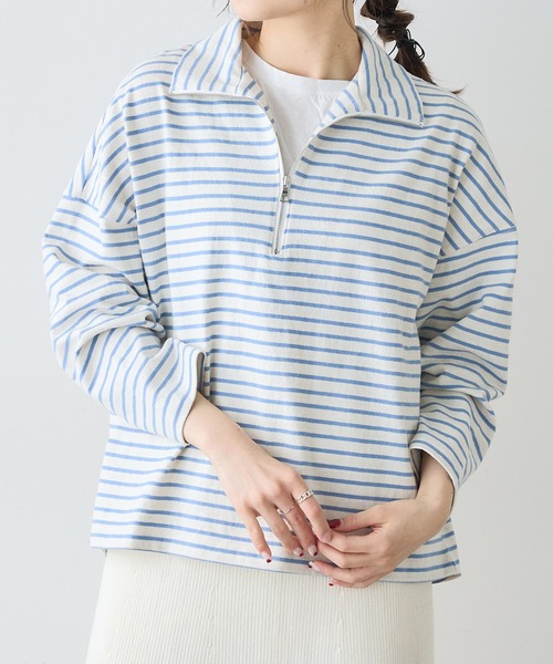 PUAL CE CIN（ピュアルセシン）の「ボーダーハーフジッププルオーバー（Tシャツ/カットソー・レディース・ホワイト×ブルー/ホワイト×ブラック/ブラック×ホワイト・FREE）」の4枚目の写真