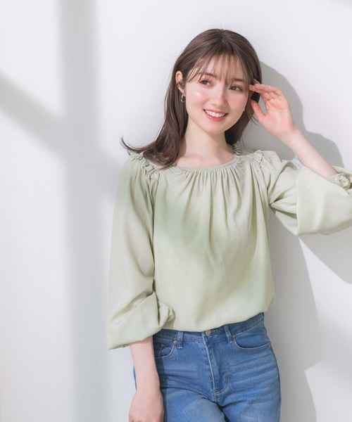 fifth(フィフス)の「スクエアネックギャザーブラウス(シャツ/ブラウス・レディース・ライトグリーン/ホワイト・M)」の4枚目の写真