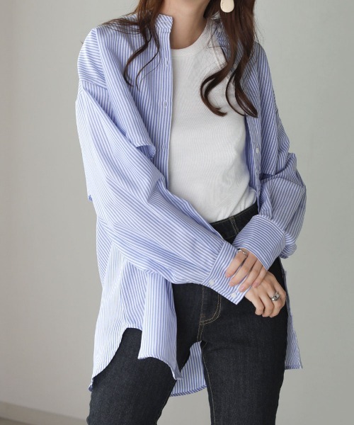 Bou Jeloud(ブージュルード)の「【WEB限定】ストライプケープシャツ(シャツ/ブラウス・レディース・ブラック/ベージュ/ブルー/グリーン・FREE)」の4枚目の写真