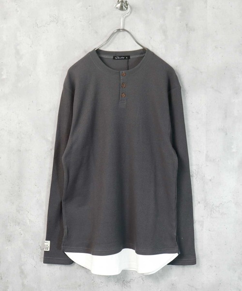SHISKY（シスキー）の「裾フェイクワッフル長袖Tシャツ（Tシャツ/カットソー・メンズ・ブラック/ダークグリーン/ベージュ/ネイビー/杢グレー/チャコール/ブラック系/グレー系/グレー系1/ベージュ系/ダークグリーン系/ネイビー系・M/L/XL）」の7枚目の写真