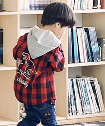 kladskap | 恐竜フード着脱式チェック長袖シャツ(シャツ/ブラウス)