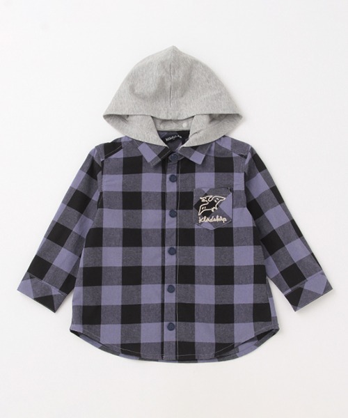 kladskap（クレードスコープ）の「恐竜フード着脱式チェック長袖シャツ（シャツ/ブラウス・キッズ・レッド/ブルーグレー・100cm/120cm/110cm/130cm/90cm）」の2枚目の写真