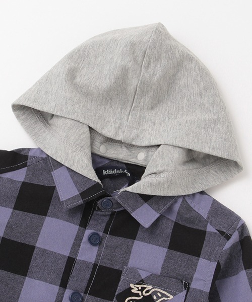 kladskap（クレードスコープ）の「恐竜フード着脱式チェック長袖シャツ（シャツ/ブラウス・キッズ・レッド/ブルーグレー・100cm/120cm/110cm/130cm/90cm）」の3枚目の写真