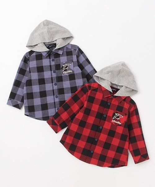 kladskap（クレードスコープ）の「恐竜フード着脱式チェック長袖シャツ（シャツ/ブラウス・キッズ・レッド/ブルーグレー・100cm/120cm/110cm/130cm/90cm）」の4枚目の写真