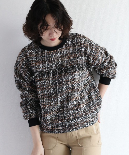 cepo（セポ）の「ツィードライク フリンジトップス（Tシャツ/カットソー・レディース・ブラック/ブラウン・M）」の2枚目の写真