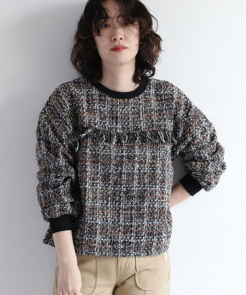 cepo（セポ）の「ツィードライク フリンジトップス（Tシャツ/カットソー・レディース・ブラック/ブラウン・M）」の6枚目の写真