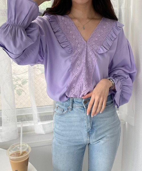 OLUPIC（オルピック）の「OLUPIC/【WEB限定】ボリュームスリーブレース切り替えフリルブラウス（シャツ/ブラウス・レディース・ホワイト/ブラック/ライトベージュ/ライトパープル・FREE）」の8枚目の写真