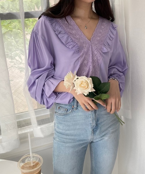 OLUPIC（オルピック）の「OLUPIC/【WEB限定】ボリュームスリーブレース切り替えフリルブラウス（シャツ/ブラウス・レディース・ホワイト/ブラック/ライトベージュ/ライトパープル・FREE）」の9枚目の写真