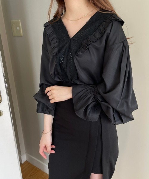 OLUPIC（オルピック）の「OLUPIC/【WEB限定】ボリュームスリーブレース切り替えフリルブラウス（シャツ/ブラウス・レディース・ホワイト/ブラック/ライトベージュ/ライトパープル・FREE）」の5枚目の写真