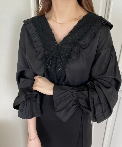 OLUPIC（オルピック）の「OLUPIC/【WEB限定】ボリュームスリーブレース切り替えフリルブラウス（シャツ/ブラウス・レディース・ホワイト/ブラック/ライトベージュ/ライトパープル・FREE）」の6枚目の写真