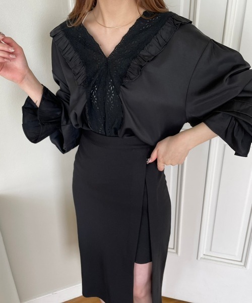 OLUPIC（オルピック）の「OLUPIC/【WEB限定】ボリュームスリーブレース切り替えフリルブラウス（シャツ/ブラウス・レディース・ホワイト/ブラック/ライトベージュ/ライトパープル・FREE）」の7枚目の写真