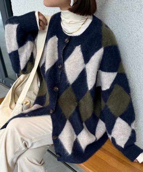 nemne store（ネンネストア）の「総柄起毛モヘアライクニットカーディガン（カーディガン/ボレロ・レディース・ネイビー/ピンク/ブラウン/グリーン・フリー）」の3枚目の写真