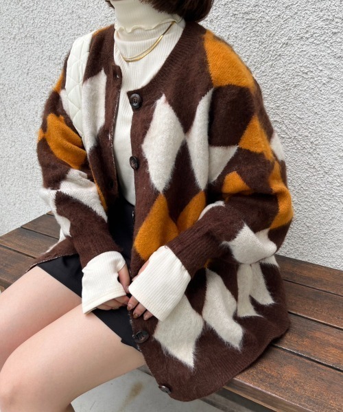 nemne store（ネンネストア）の「総柄起毛モヘアライクニットカーディガン（カーディガン/ボレロ・レディース・ネイビー/ピンク/ブラウン/グリーン・フリー）」の5枚目の写真