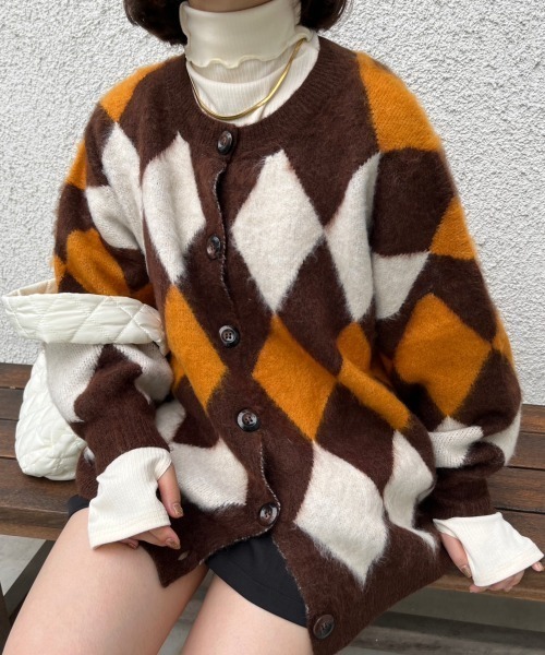 nemne store（ネンネストア）の「総柄起毛モヘアライクニットカーディガン（カーディガン/ボレロ・レディース・ネイビー/ピンク/ブラウン/グリーン・フリー）」の6枚目の写真