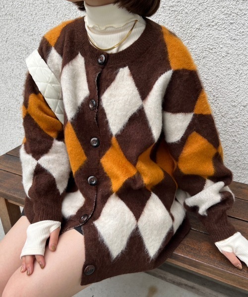 nemne store（ネンネストア）の「総柄起毛モヘアライクニットカーディガン（カーディガン/ボレロ・レディース・ネイビー/ピンク/ブラウン/グリーン・フリー）」の7枚目の写真