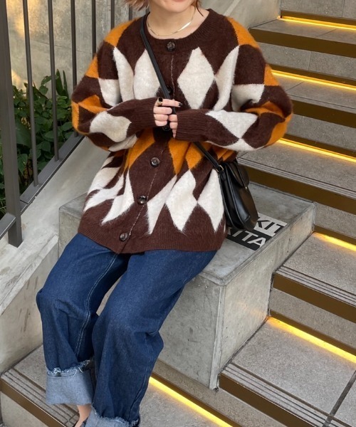 nemne store（ネンネストア）の「総柄起毛モヘアライクニットカーディガン（カーディガン/ボレロ・レディース・ネイビー/ピンク/ブラウン/グリーン・フリー）」の12枚目の写真