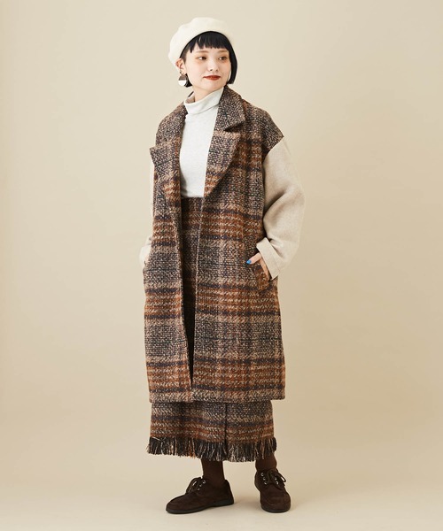 CUBE SUGAR（キューブシュガー）の「チェック×ヘリンボンチェスターコート（チェスターコート・レディース・ブラウン/ネイビー・M）」の10枚目の写真