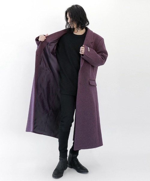minsobi（ミンソビ）の「ドロップショルダー コート　マキシコート ユニセックス（チェスターコート・メンズ・ベージュ/パープル・FREE）」の12枚目の写真