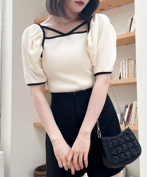 Heather（ヘザー）の「アソートパフスリーブTEE　906216（Tシャツ/カットソー・レディース・ホワイト×ブラック/ブラック×ホワイト/オフホワイト・FREE）」の3枚目の写真